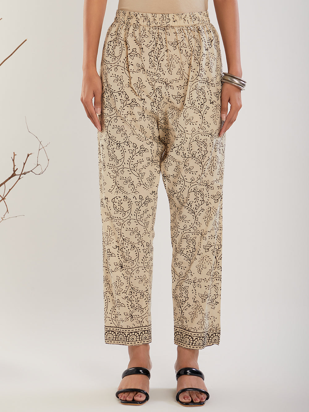 Beige & Black Hand Block Print Cotton Pants
