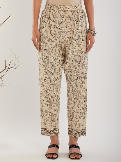 Beige & Black Hand Block Print Cotton Pants
