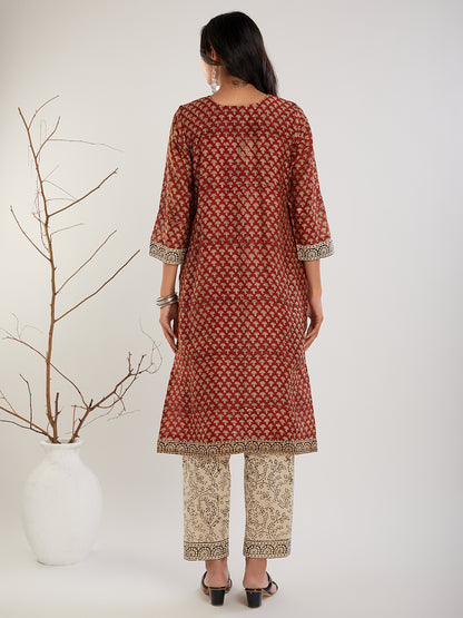Red & beige Chanderi silk bagru print Cotton Kurta