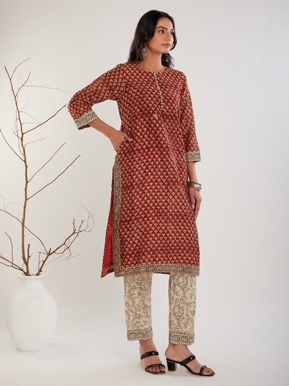 Red & Beige Chanderi Silk Bagru print Cotton Suit- Set of 3