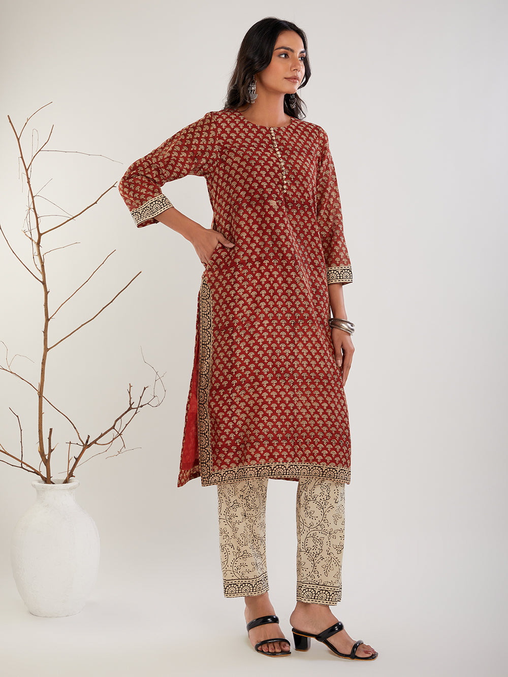 Beige & Black Hand Block Print Cotton Pants