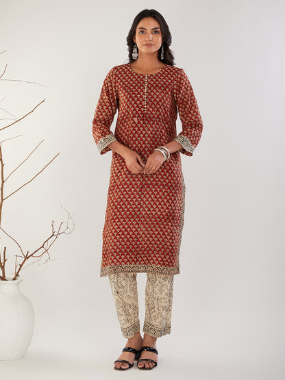 Red & beige Chanderi silk bagru print Cotton Kurta