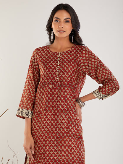 Red & Beige Chanderi Silk Bagru print Cotton Suit- Set of 3