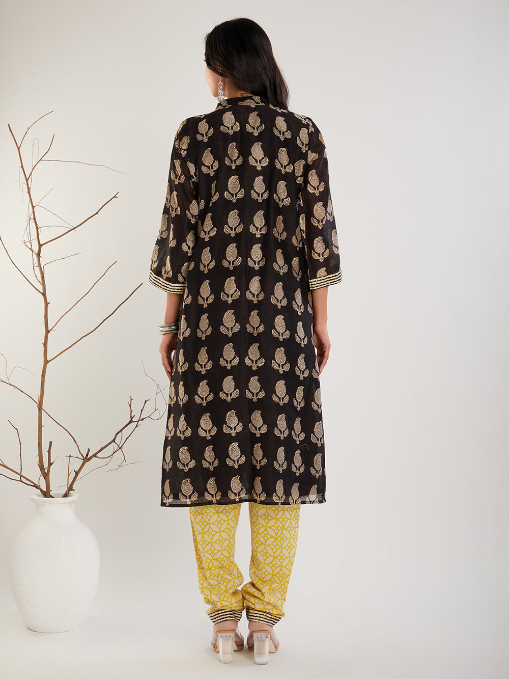 Black & yellow Chanderi silk Hand Block Print Suit Set- Set of 3