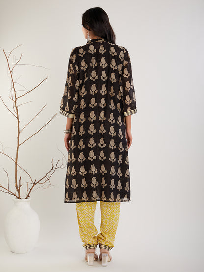 Black & yellow Chanderi silk Hand Block Print cotton kurta