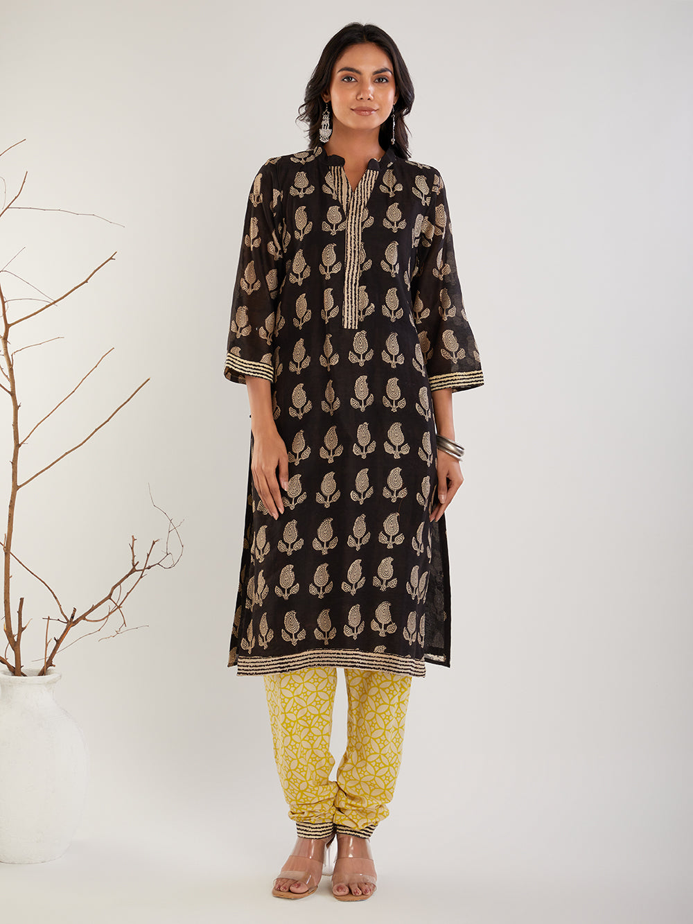 Black & yellow Chanderi silk Hand Block Print Suit Set- Set of 3