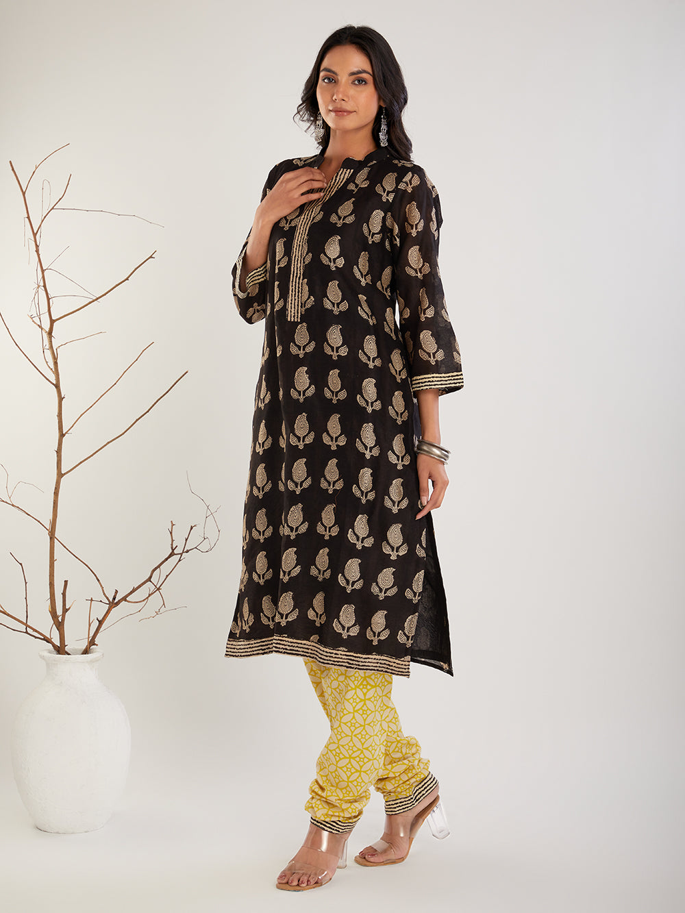 Black & yellow Chanderi silk Hand Block Print Suit Set- Set of 3