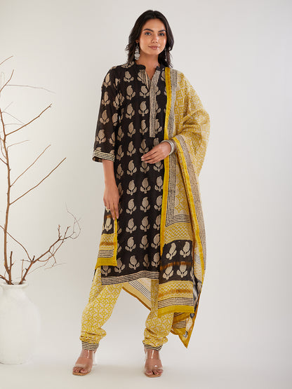 Black & yellow Chanderi silk Hand Block Print Suit Set- Set of 3