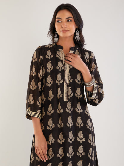 Black & yellow Chanderi silk Hand Block Print Suit Set- Set of 3