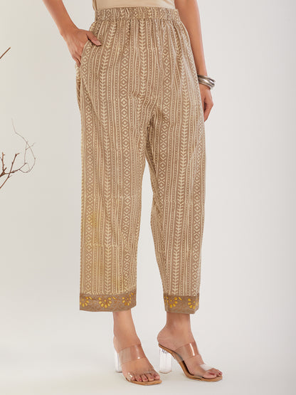 Beige & Brown Vanspati Ajrak Cotton  Pants