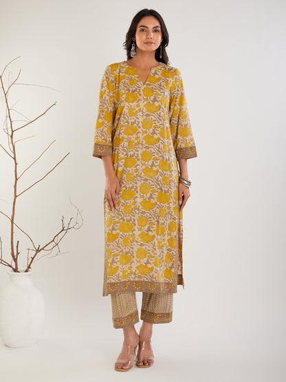 Beige & Brown Vanspati Ajrak Cotton  Pants