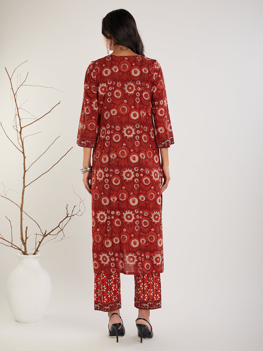 Red & Beige Vanaspati Ajrak  Cotton Suit- Set of 3