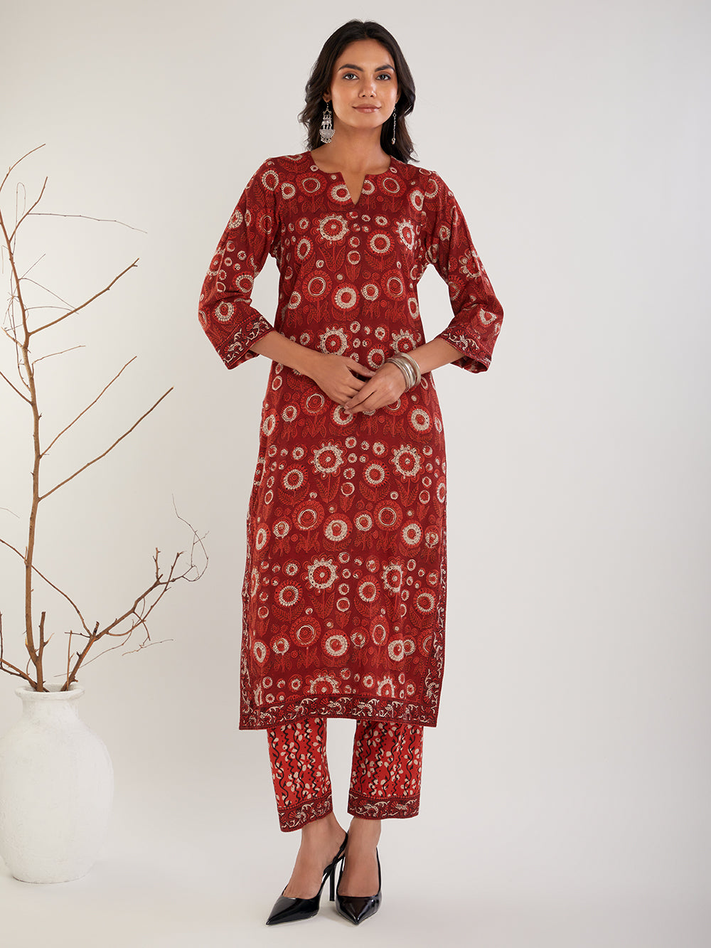 Red & Beige Vanaspati Ajrak  Cotton Suit- Set of 3