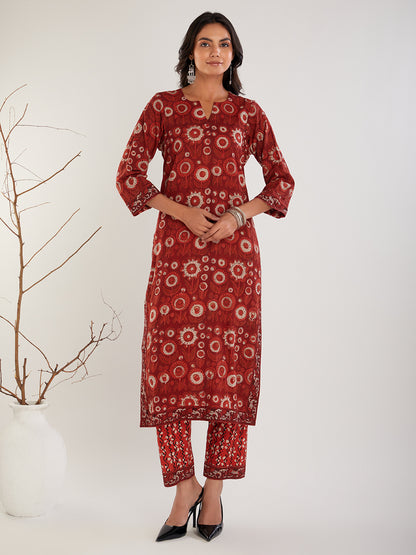 Red & Beige Vanaspati Ajrak  Cotton Suit- Set of 3