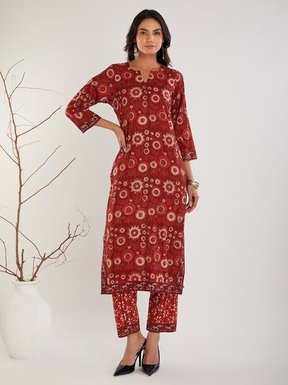 Red & Beige Vanaspati Ajrak  Cotton Suit- Set of 3