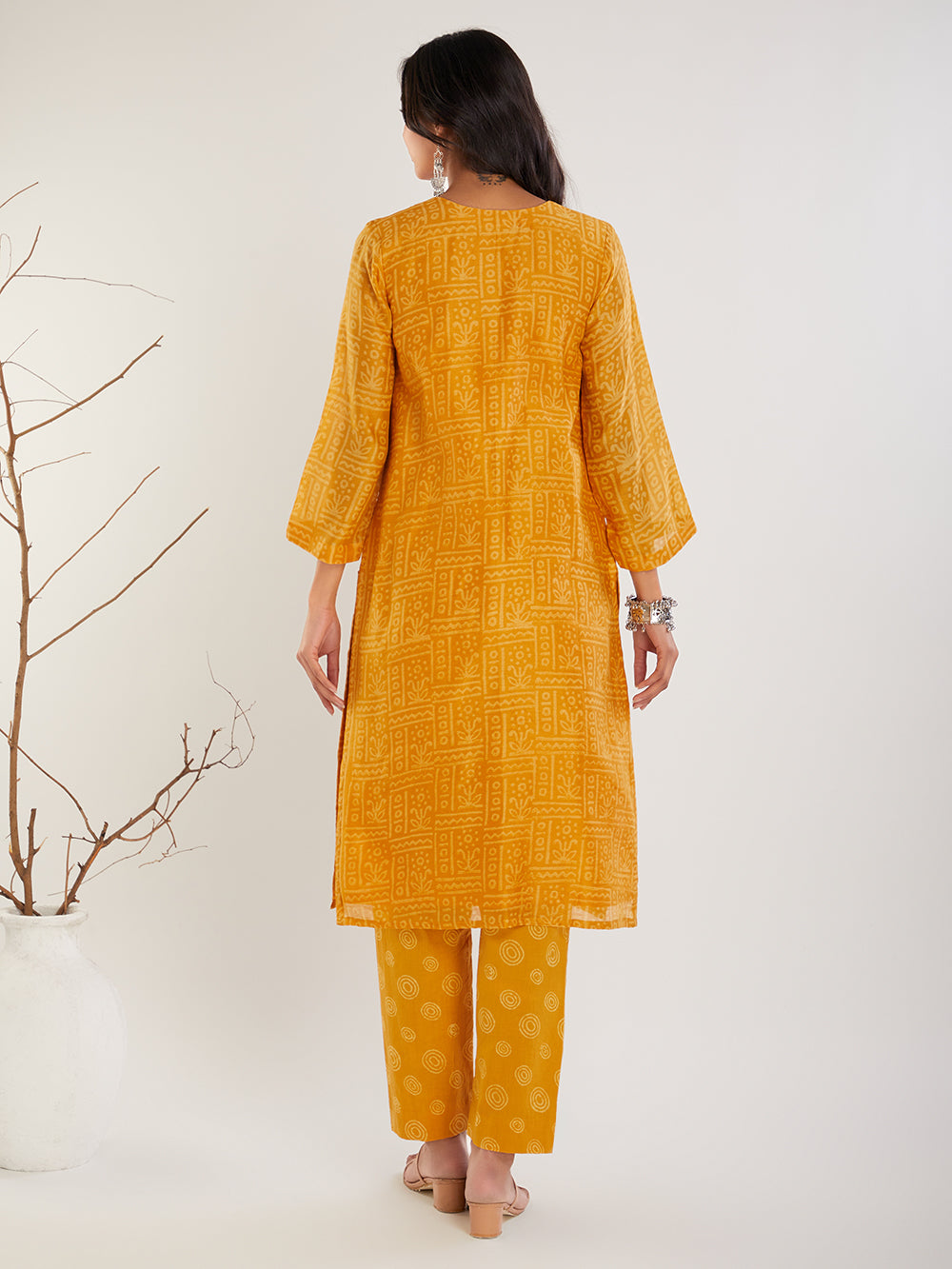 Mustard Chanderi Silk Hand Block Print Suit- Set  of 3