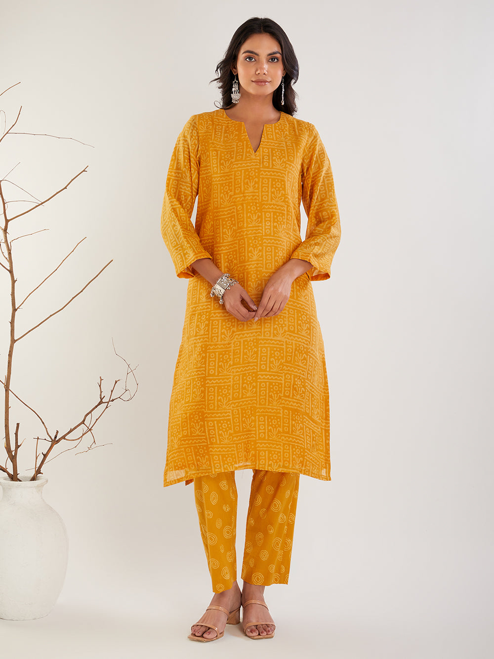Mustard Chanderi Silk Hand Block Print Suit- Set  of 3