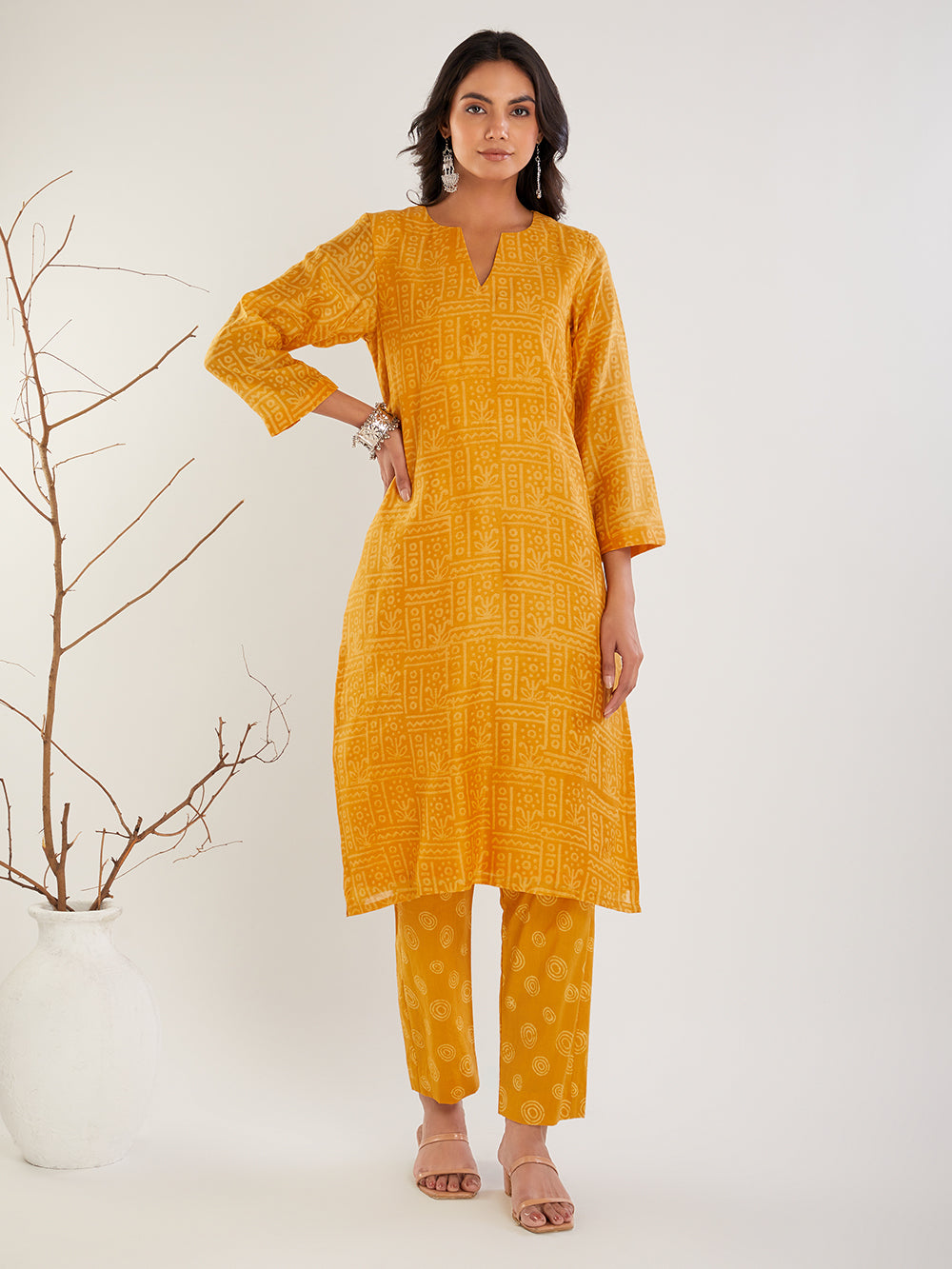 Mustard Chanderi Silk Hand Block Print Suit- Set  of 3