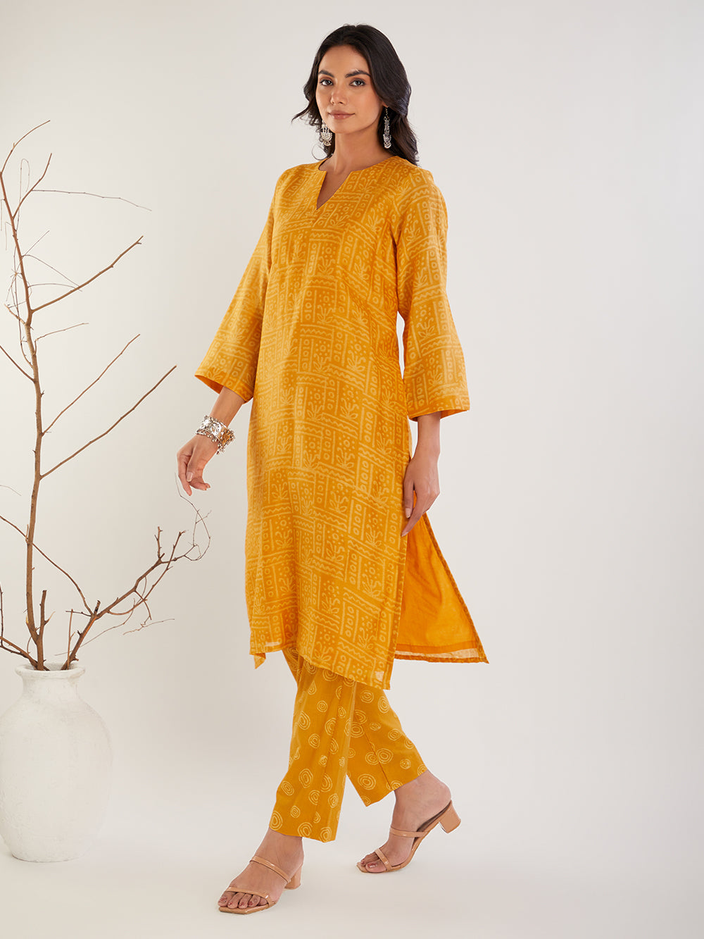 Mustard Chanderi Silk Hand Block Print Suit- Set  of 3