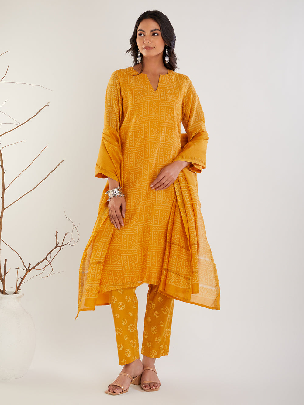 Mustard Chanderi Silk Hand Block Print Suit- Set  of 3
