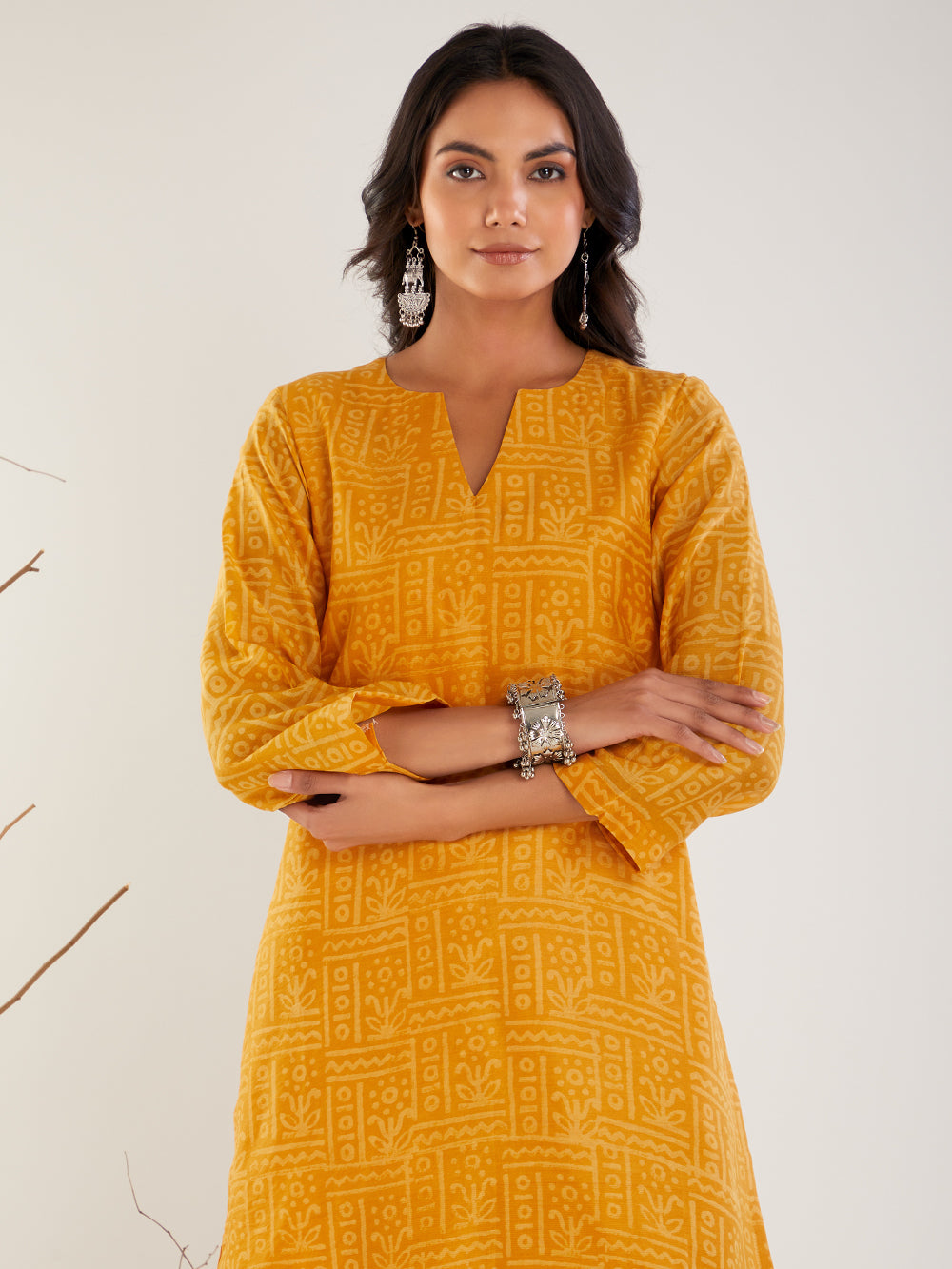 Mustard Chanderi Silk Hand Block Print Suit- Set  of 3