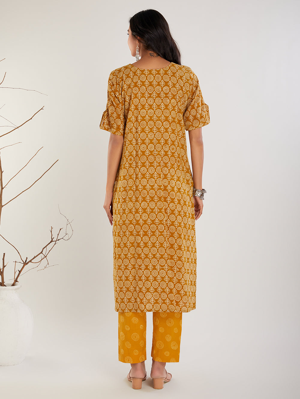 Mustard Hand Block Print Cotton Kurta