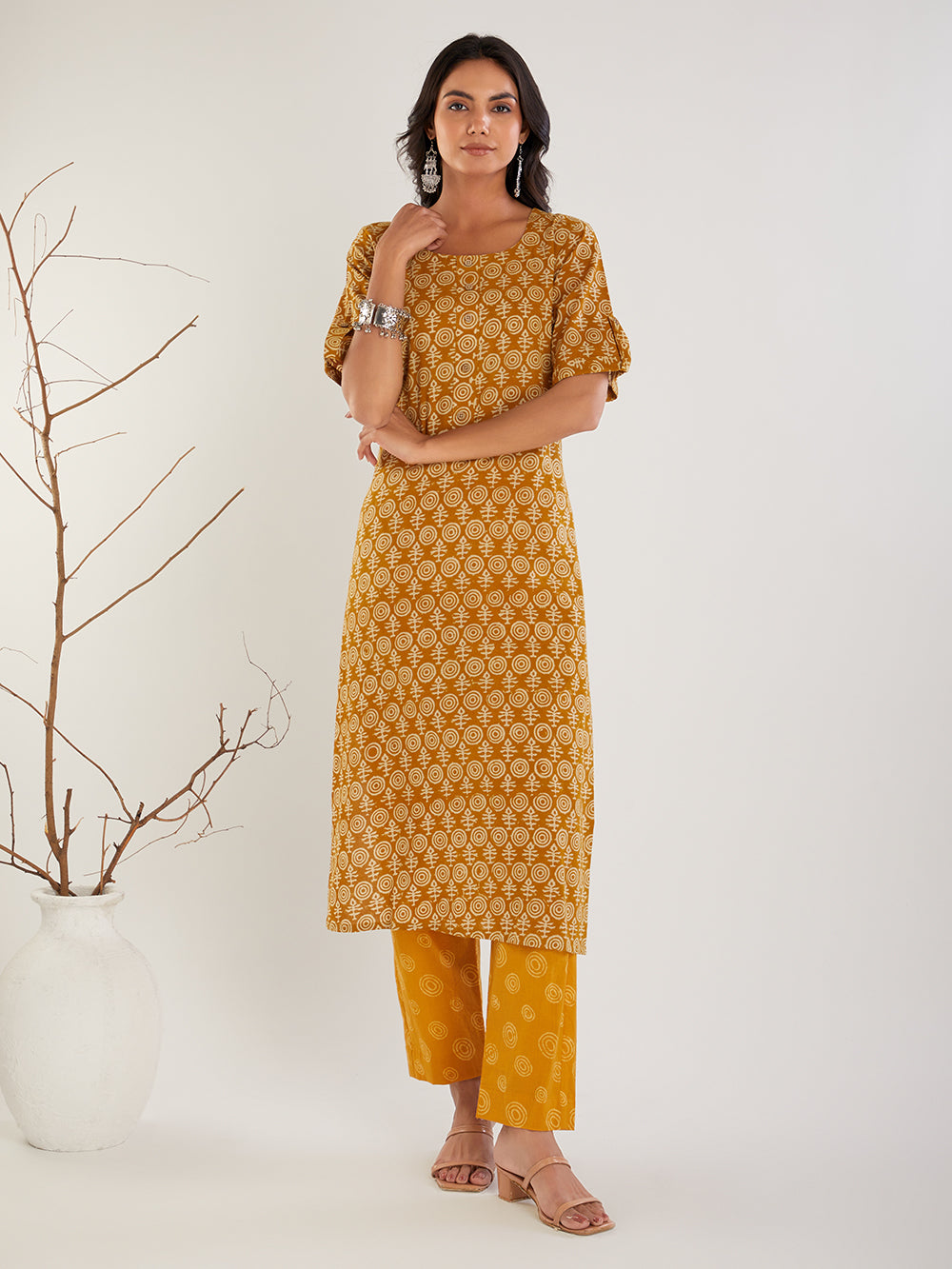 Mustard Hand Block Print Cotton suit set- Set of 3
