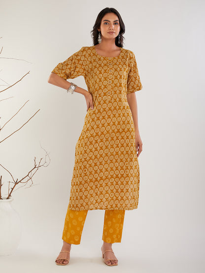 Mustard Hand Block Print Cotton Kurta