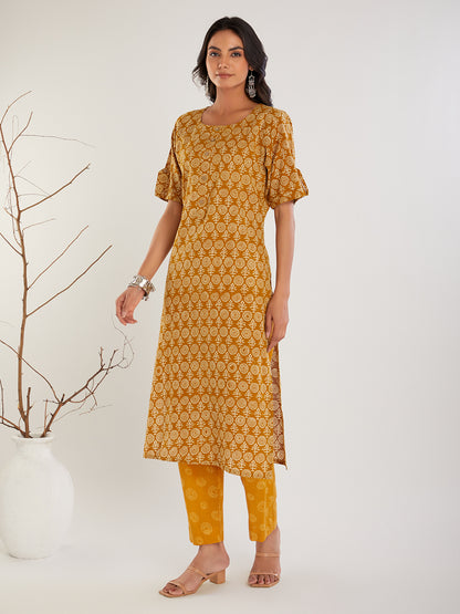 Mustard Hand Block Print Cotton suit set- Set of 3