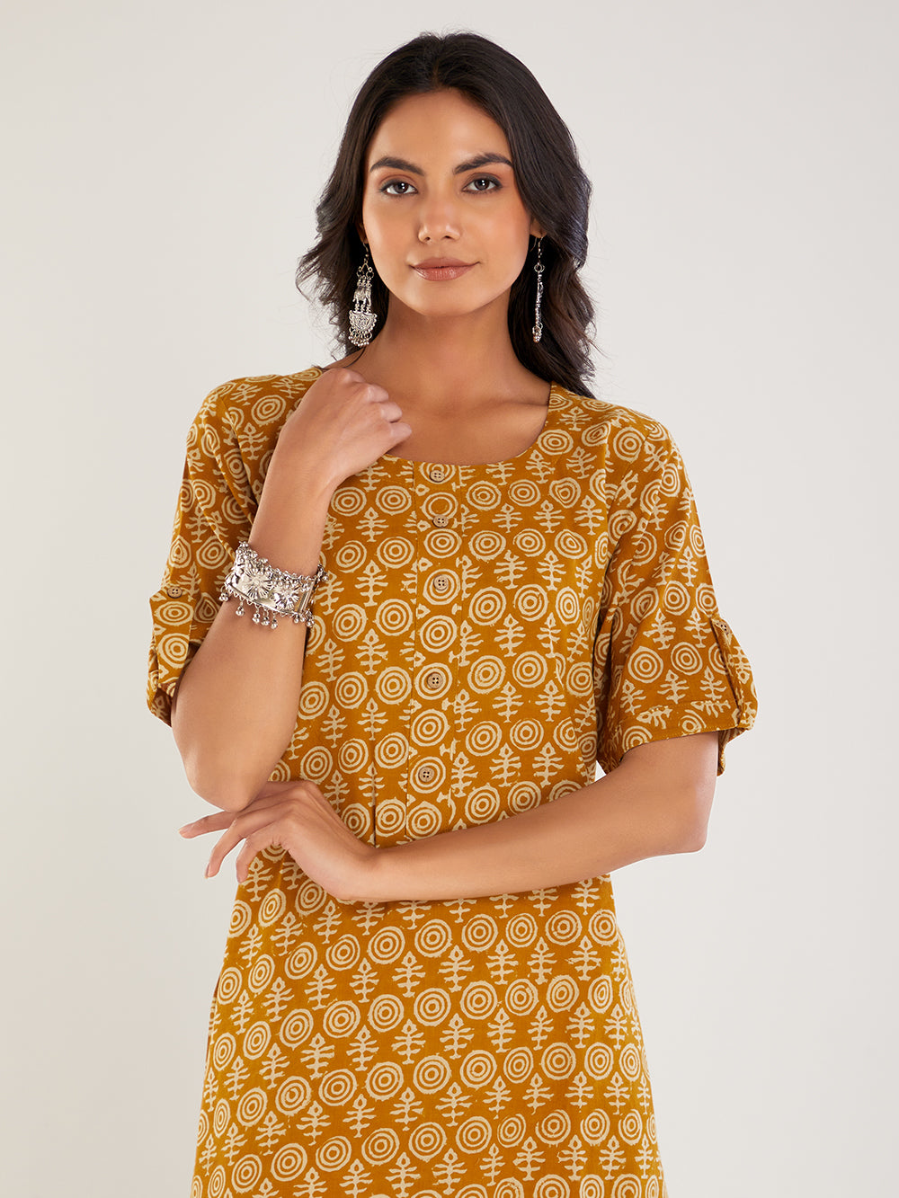 Mustard Hand Block Print Cotton Kurta