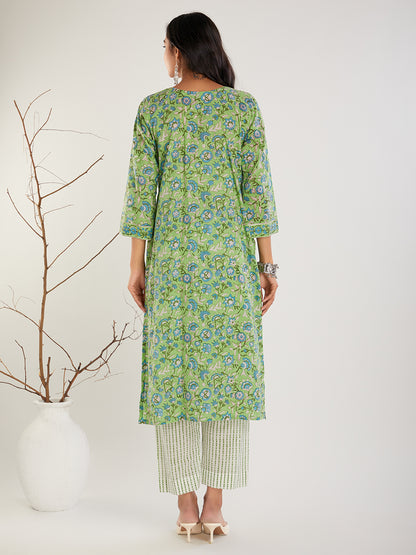 Green Hand Block Print Suit Set- Set of 3