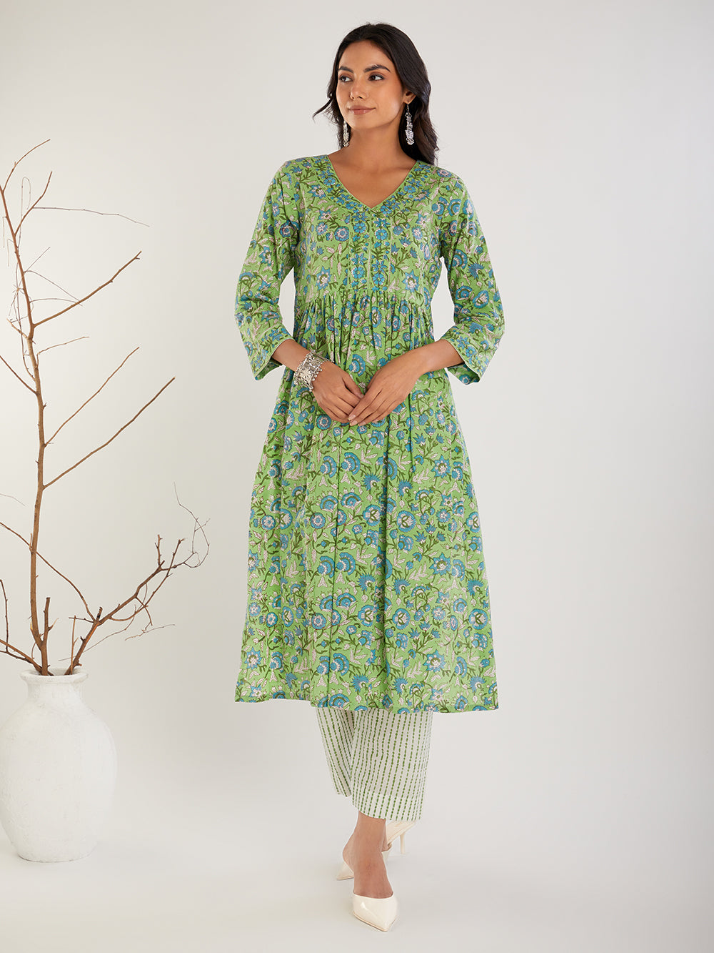 Green Hand Block Print Suit Set- Set of 3