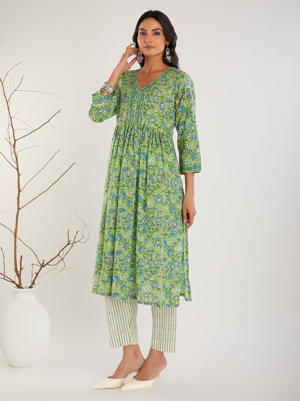 Green Hand Block Print Suit Set- Set of 3