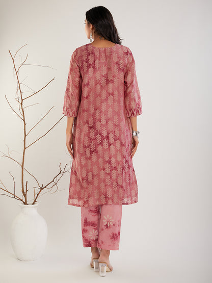 Pink Chanderi Silk hand block print suit set- set of 3