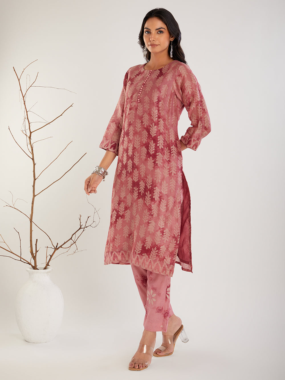 Pink Chanderi Silk hand block print suit set- set of 3