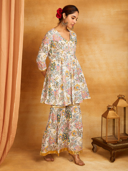 Yellow Block Printed Kalidar with Gota Pati Short Kurta