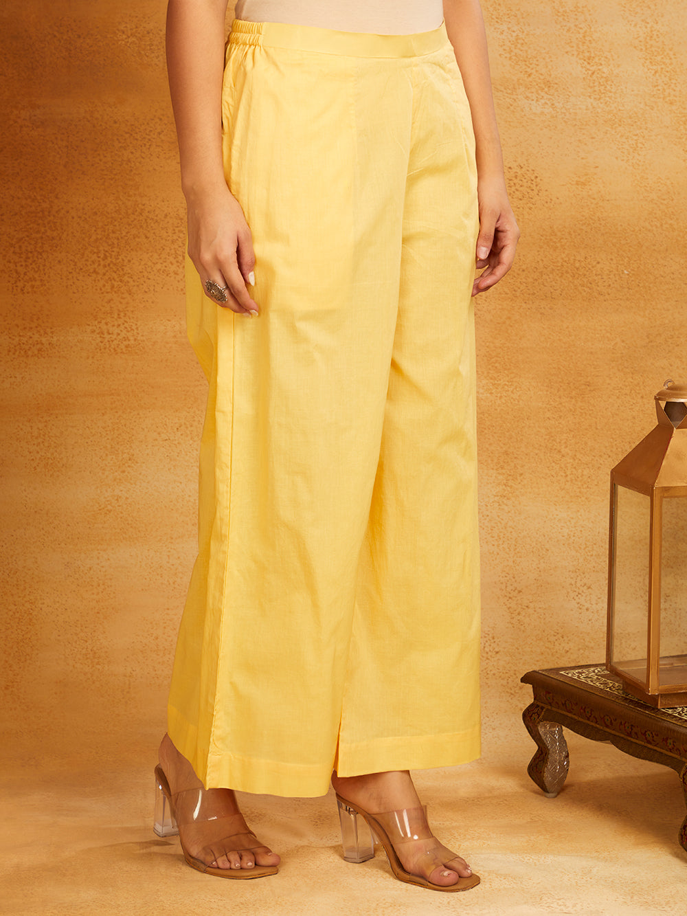 Yellow Block Printed Long Slit Kurta and Palazzo Suit- Set of 3