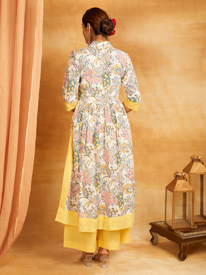 Yellow Block Printed Long Slit Kurta and Palazzo Suit- Set of 3