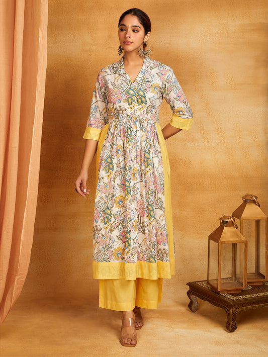 Yellow Block Printed Long Slit Kurta