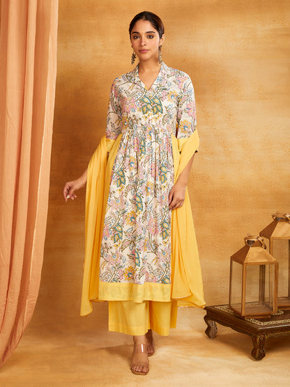 Yellow Block Printed Long Slit Kurta and Palazzo Suit- Set of 3