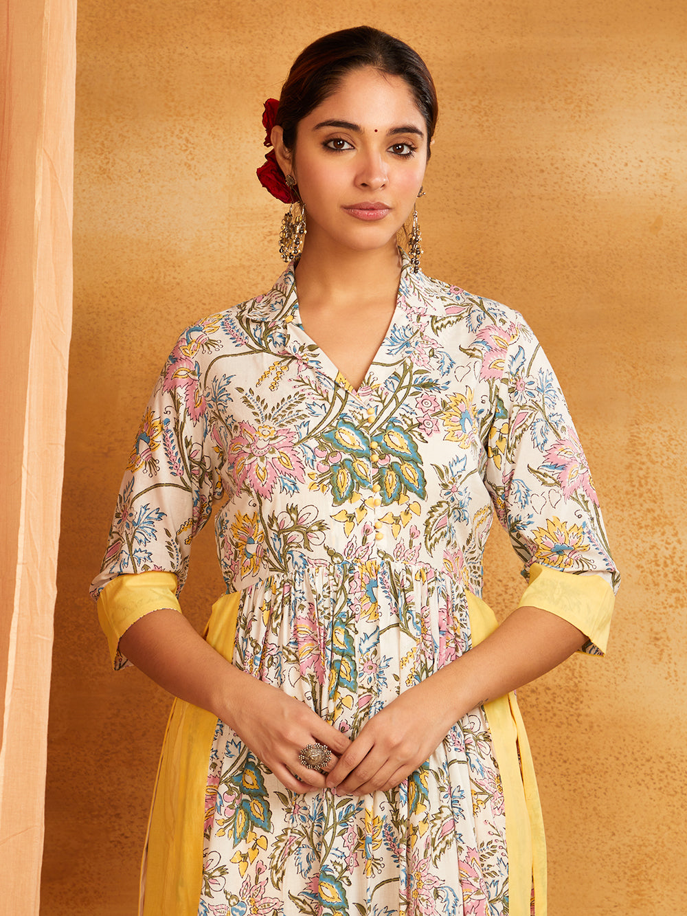 Yellow Block Printed Long Slit Kurta