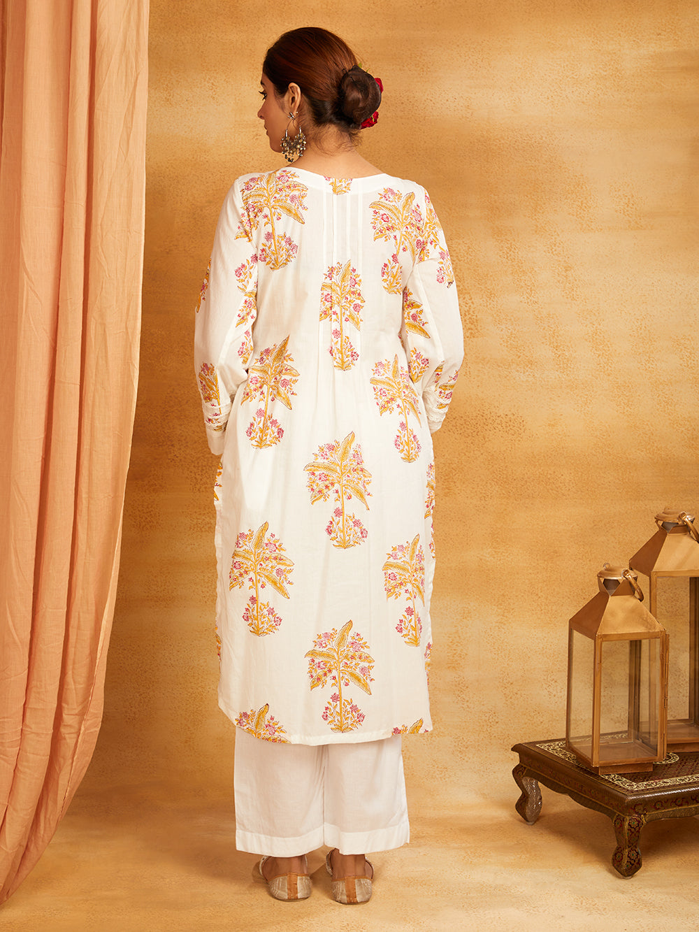 Yellow Block Printed Lace Detailing Suit - Set of 3
