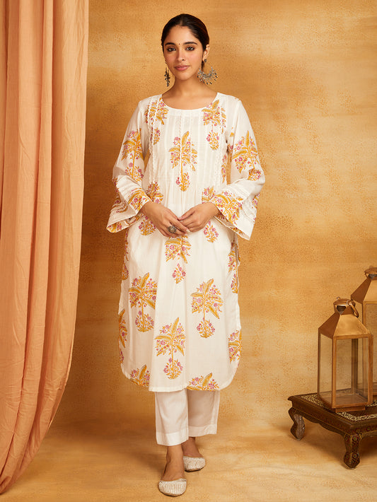 Yellow Block Printed Lace Detailing Kurta