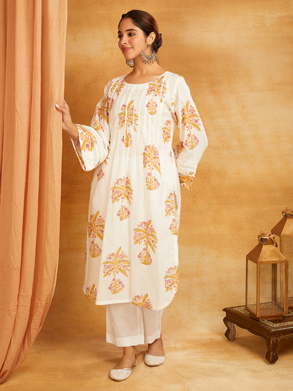 Yellow Block Printed Lace Detailing Kurta