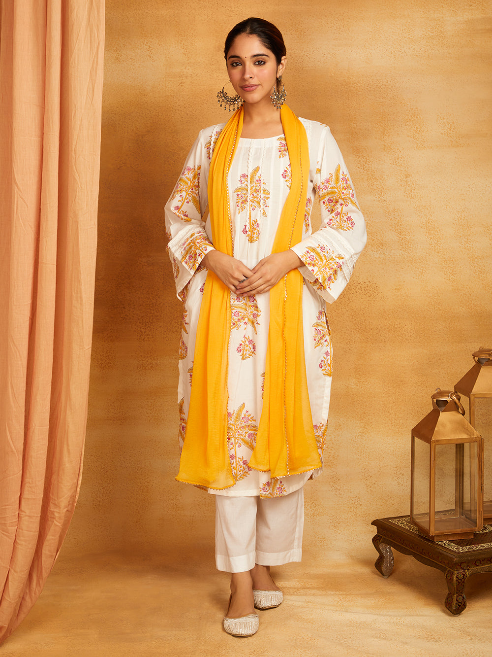 Yellow Block Printed Lace Detailing Suit - Set of 3