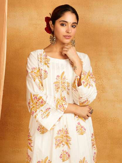 Yellow Block Printed Lace Detailing Suit - Set of 3