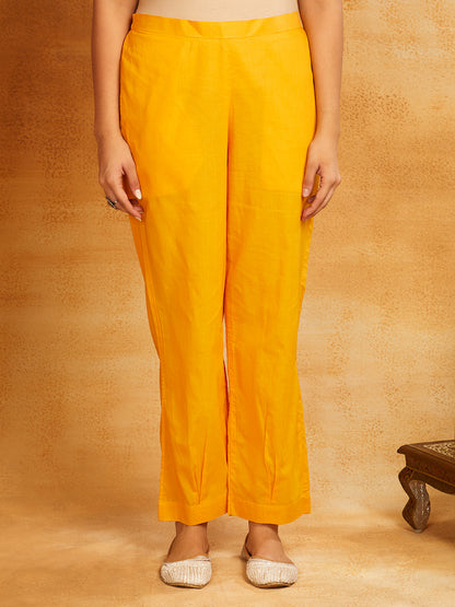 Mustard Block Printed Cotton Anarkali Kurta with Pants