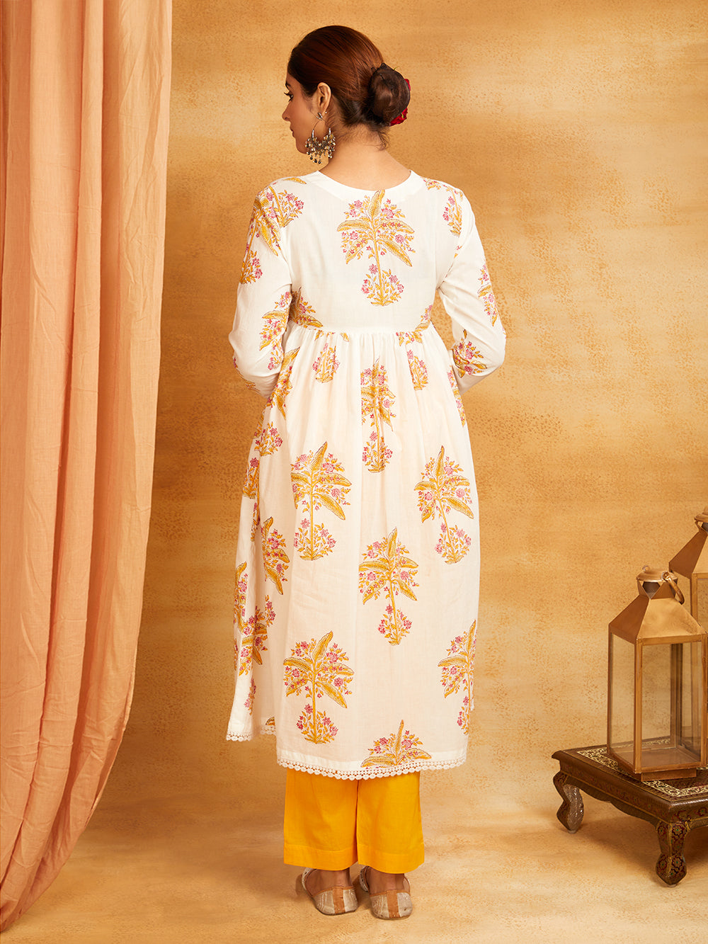Mustard Block Printed Cotton Anarkali Kurta with Pants