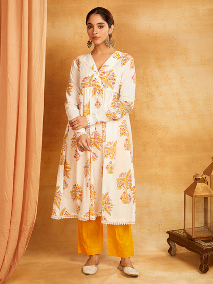 Mustard Block Printed Cotton Anarkali Kurta with Pants