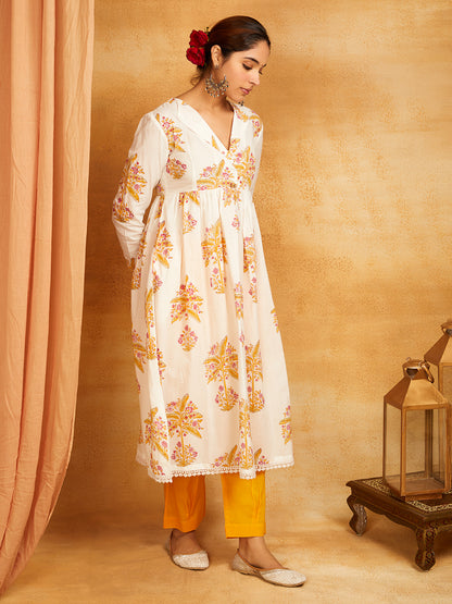 Mustard Block Printed Cotton Anarkali Kurta with Pants